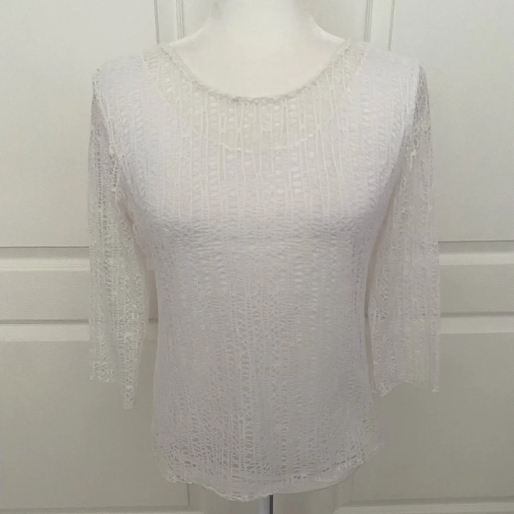 Peck & Peck Elegant White Crochet Lace Top w/ Camisole | 3/4 Sleeve | Size M
